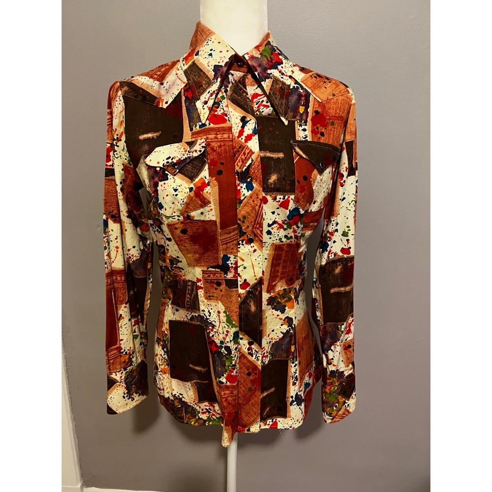 1970s patterned print cotton rayon blend Miller Denver Western shirt vintage